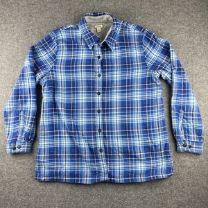 LL Bean Shirt Womens Large Blue Plaid Flannel Fleece Lined Button Shacket